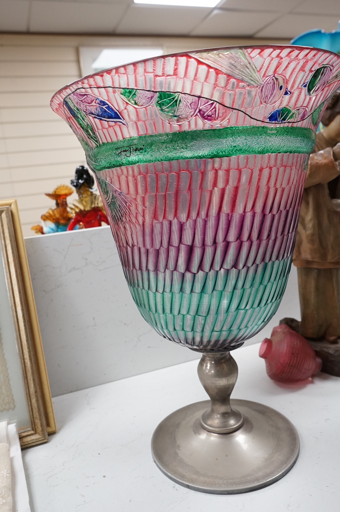 A large mid-20th century studio glass pedestal vase, 52cm high
